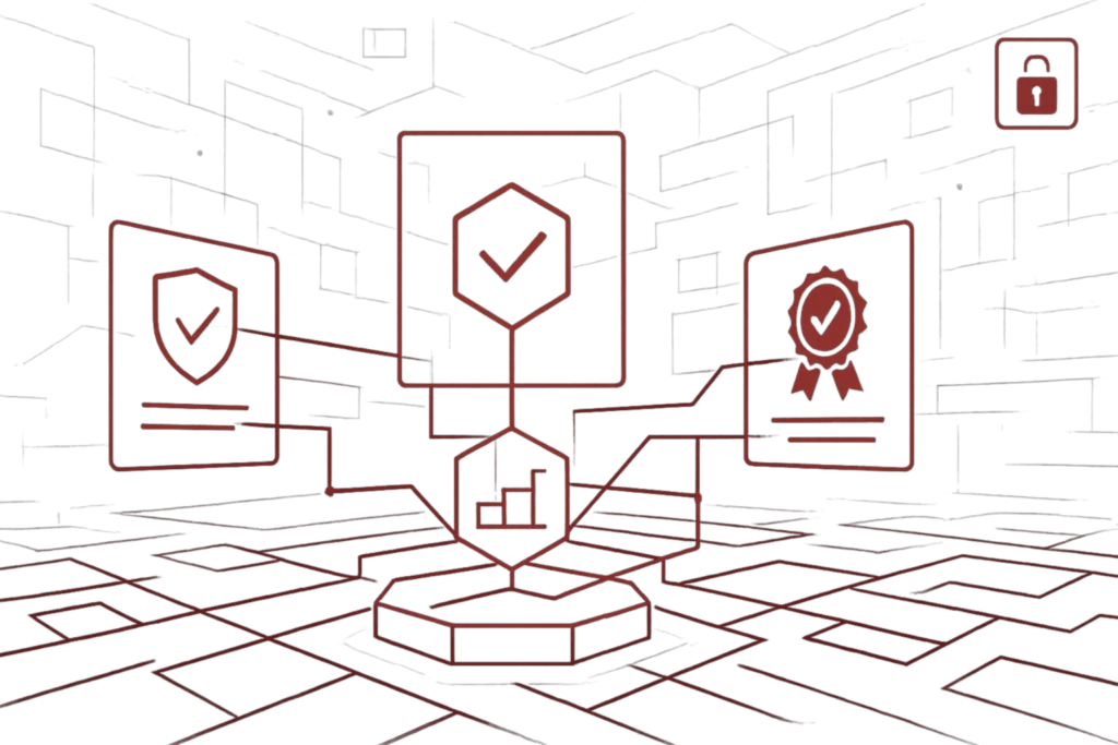Digitale Grafik mit Prüfsiegeln und Sicherheitsicons, Darstellung von Auditprozessen und Zertifizierung in IT-Systemen