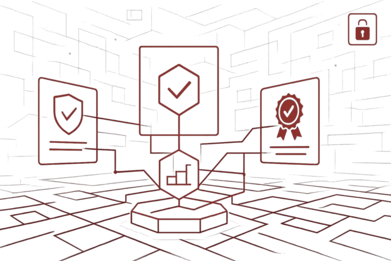 Digitale Grafik mit Prüfsiegeln und Sicherheitsicons, Darstellung von Auditprozessen und Zertifizierung in IT-Systemen