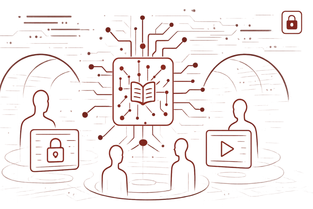 Digitale Grafik mit Lern- und Sicherheitssymbolen, Symbol für Datenschutz und Cybersicherheit im Online-Bildungsbereich