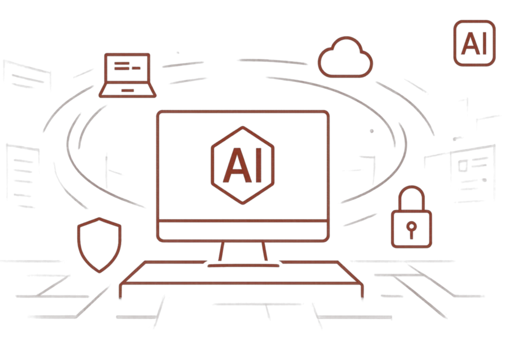 Grafik eines Bildschirms mit AI-Zeichen, flankiert von Symbolen für Cloud, Laptop, Schutzschild und Schloss, die sichere Nutzung von KI-Technologie darstellen