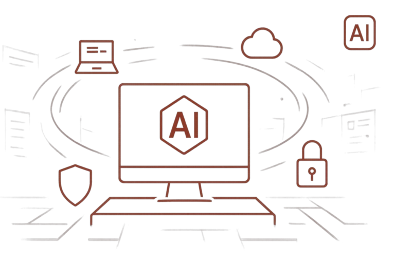 Grafik eines Bildschirms mit AI-Zeichen, flankiert von Symbolen für Cloud, Laptop, Schutzschild und Schloss, die sichere Nutzung von KI-Technologie darstellen