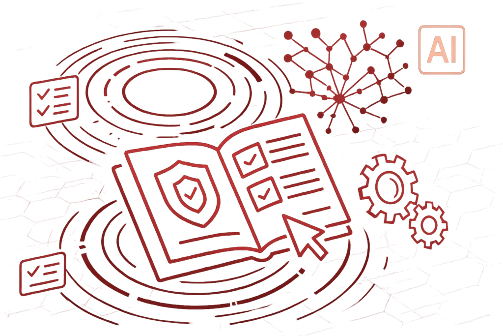 Rote Visualisierung mit Buch, Zahnrädern und Netzstruktur symbolisiert künstliche Intelligenz in Datenschutz- und Policy-Systemen