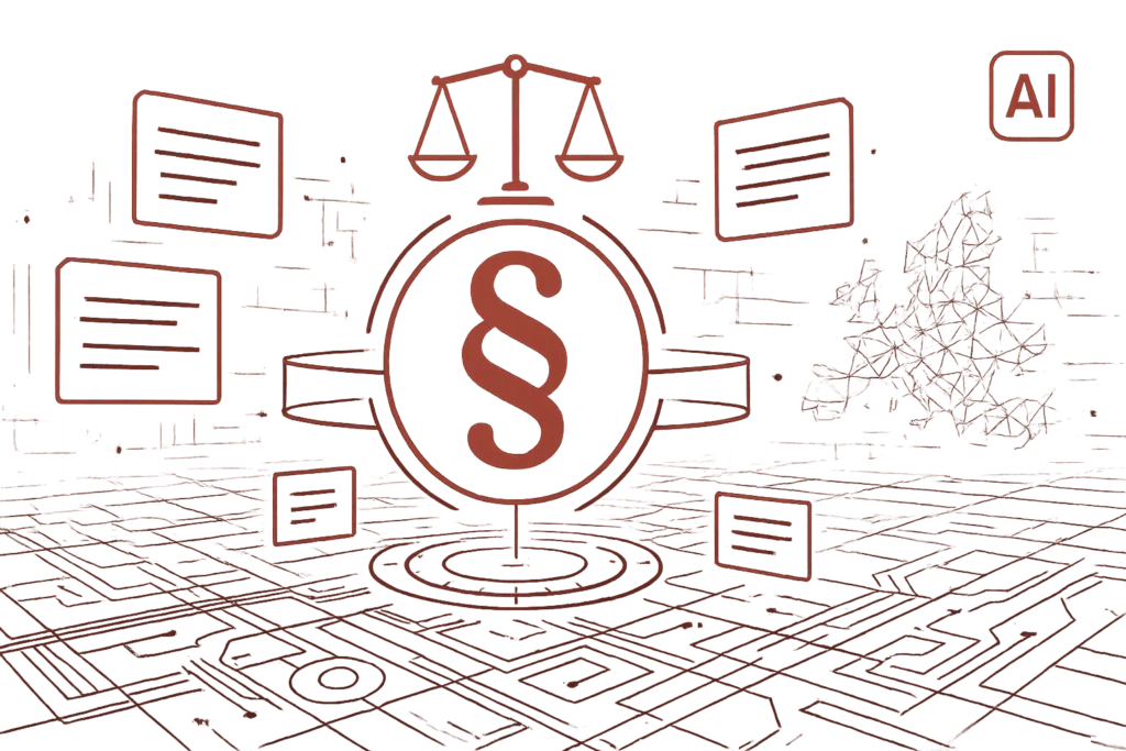 Futuristische Visualisierung zu KI und Recht mit Paragraphenzeichen, Waage und digitalen Interface-Elementen