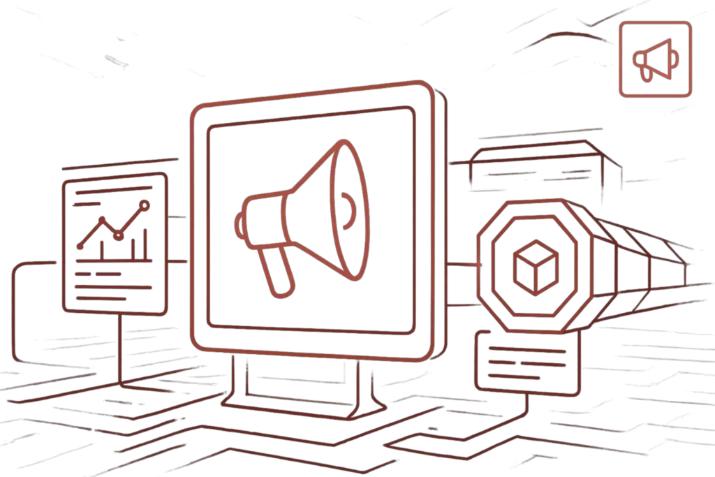 Illustration eines digitalen Megafons auf einem Monitor mit umgebenden UI-Elementen und Diagrammen, die Content- und Marketingprozesse visualisieren
