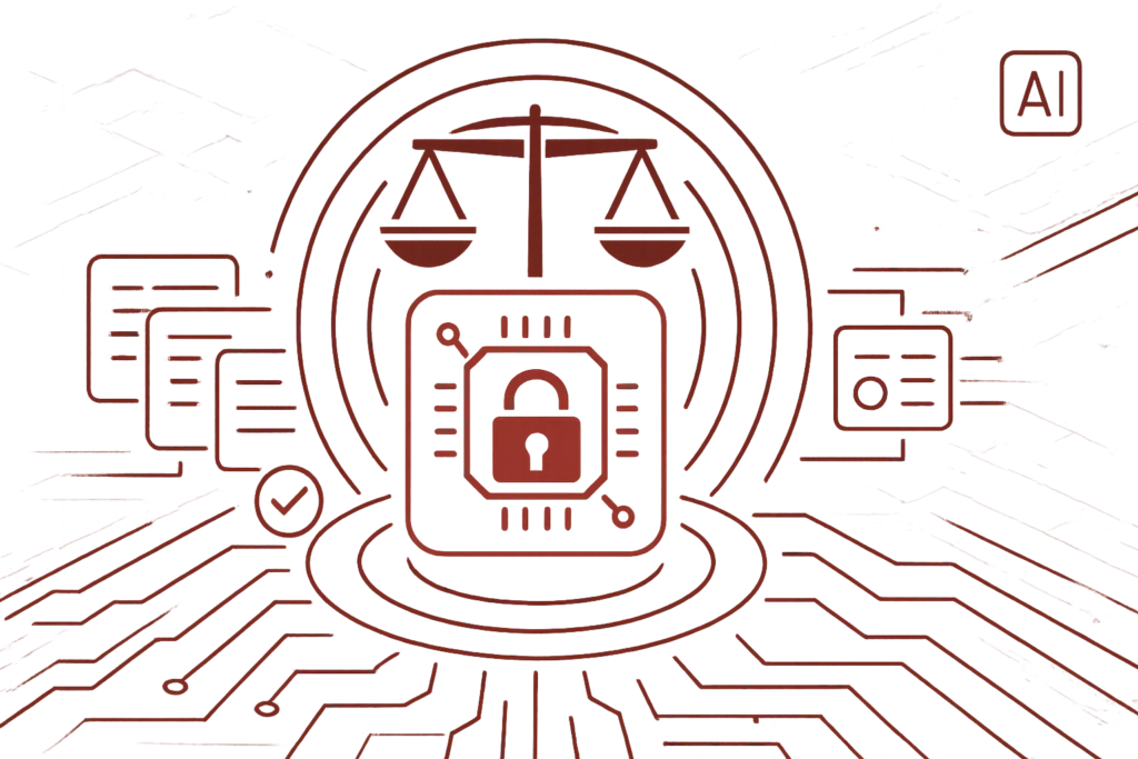 Rote Grafik mit Waage, Chip und Schloss steht für sichere, rechtlich konforme Datenverarbeitung durch KI