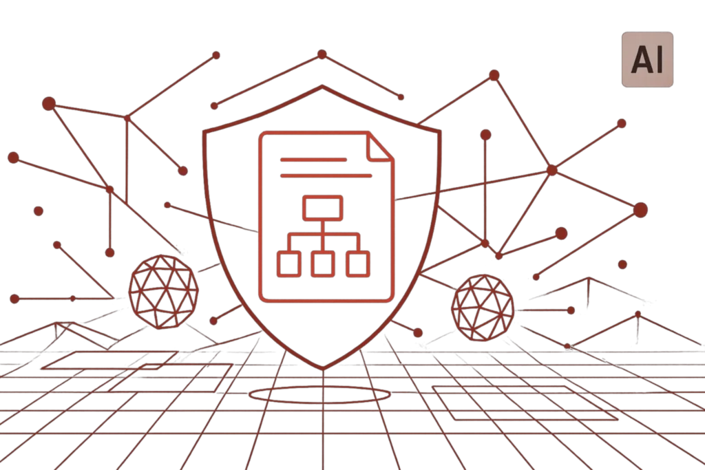 Abstrakte Illustration mit AI-Label, Netzverbindungen und Schild, symbolisiert sichere Datenverarbeitung durch künstliche Intelligenz