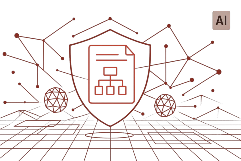 Abstrakte Illustration mit AI-Label, Netzverbindungen und Schild, symbolisiert sichere Datenverarbeitung durch künstliche Intelligenz