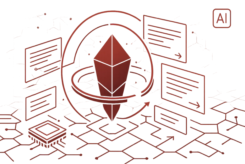 Digitale Illustration zeigt ein zentrales Kristallsymbol, umgeben von Pfeilen, Datenpfaden und Textfeldern als Darstellung von KI-Datenverarbeitung