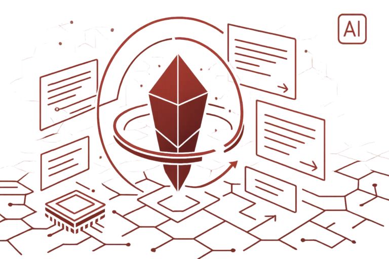 Digitale Illustration zeigt ein zentrales Kristallsymbol, umgeben von Pfeilen, Datenpfaden und Textfeldern als Darstellung von KI-Datenverarbeitung