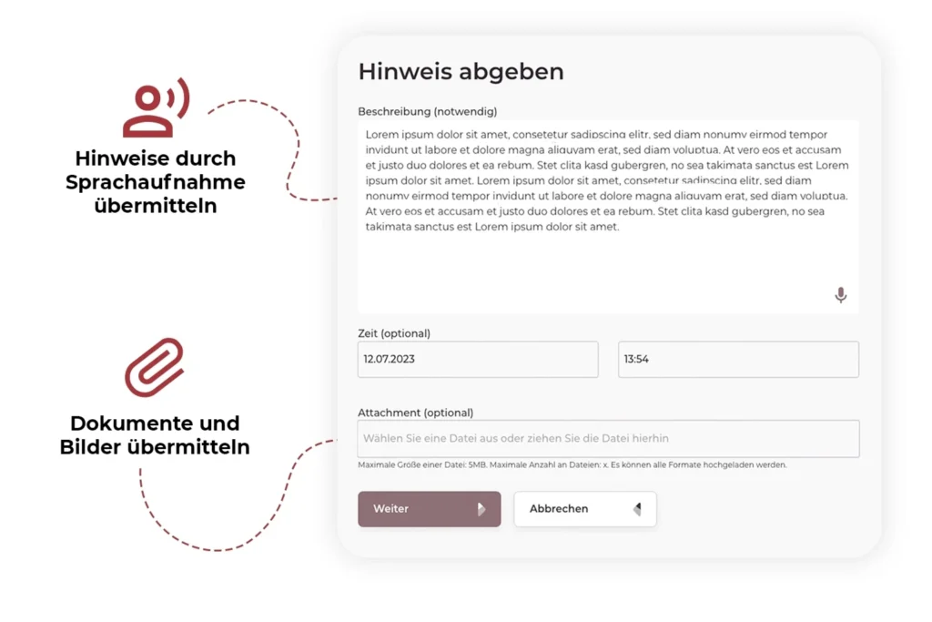 Digitale Benutzeroberfläche zeigt ein Formular zur Hinweisabgabe mit Optionen für Sprachnachricht und Datei-Upload
