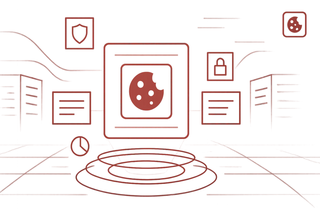 Rote digitale Illustration mit Cookie-Symbol, Schloss und Schild, steht für Datenschutz, Cookie-Management und Privatsphäre online
