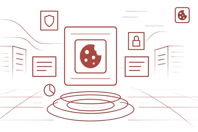 Rote digitale Illustration mit Cookie-Symbol, Schloss und Schild, steht für Datenschutz, Cookie-Management und Privatsphäre online