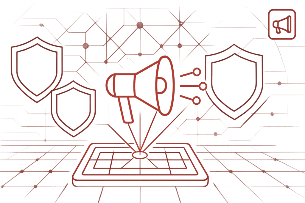 Digitale Grafik mit Megafon und Sicherheitsicons, Darstellung von Cybersecurity im Online-Marketing und Datenaustausch