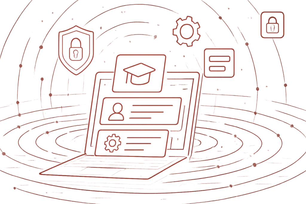 Digitale Grafik mit Laptop, Nutzerprofil und Absolventenkappe, Darstellung sicherer Lernplattformen im Bildungsbereich
