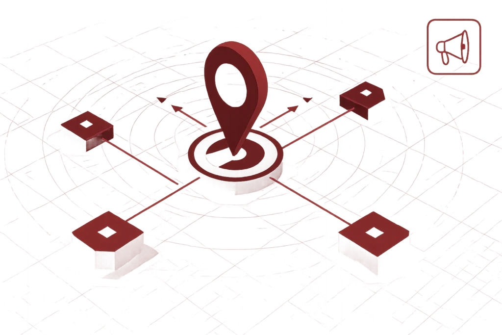 Rote Grafik mit Standort-Pin und Verbindungslinien zu vier Punkten, symbolisiert digitales Standortmarketing