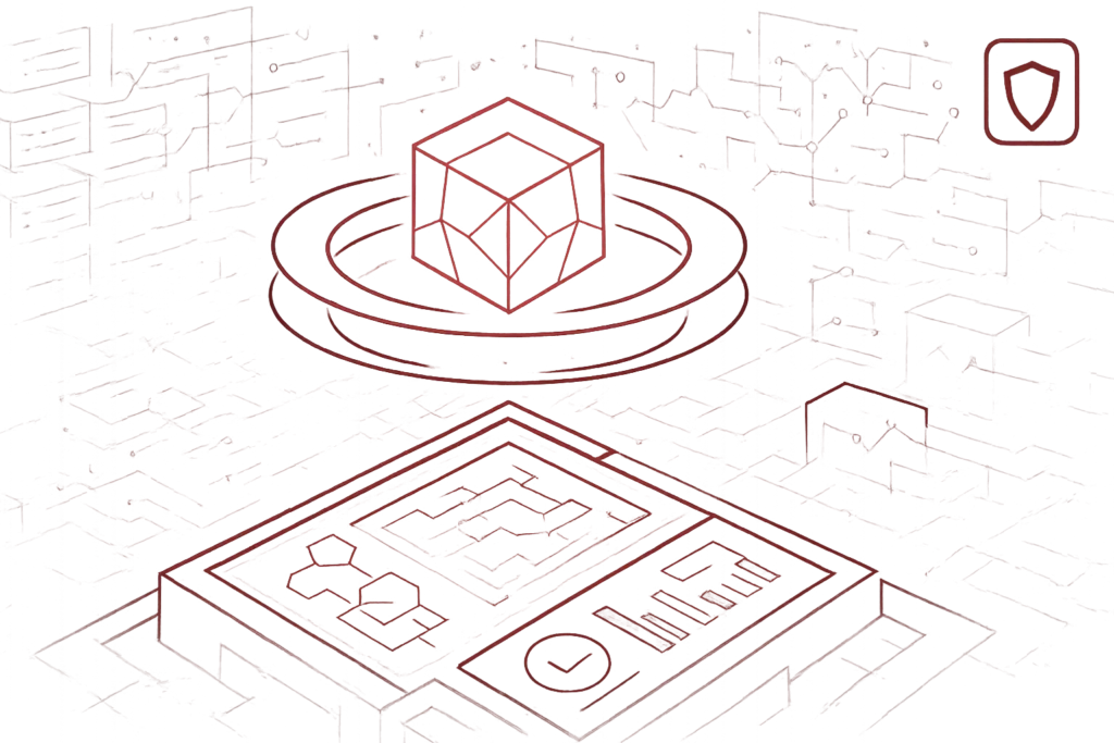 Rote futuristische Grafik zeigt einen schwebenden Würfel über einer digitalen Oberfläche zur Darstellung von Technologie und Innovation