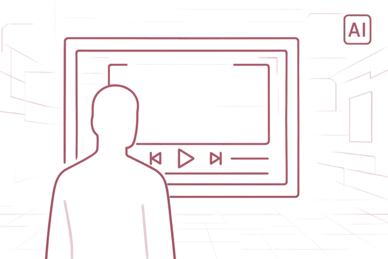 Illustration einer Person, die vor einem Monitor mit Videoplayer-Oberfläche steht