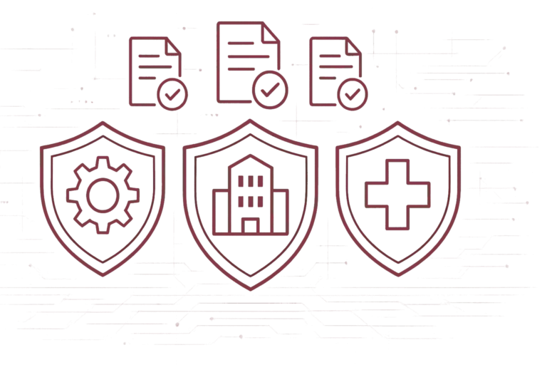 Drei Schutzschilder mit Zahnrad, Bürogebäude und Kreuz-Symbol, jeweils mit abgehaktem Compliance-Dokument darüber