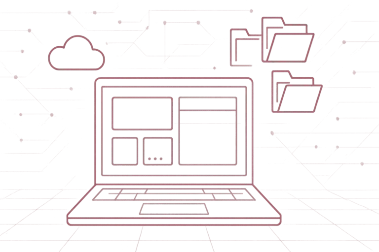 Laptop verbunden mit drei Cloud-Systemen, Dashboard mit Diagrammen und Ordner-Icons für Datenverwaltung