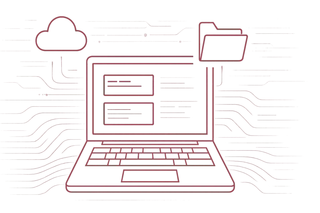 Laptop mit Dashboard-Interface verbunden mit Cloud-Speicher und strukturierten Ordner-Symbolen im Netzwerk