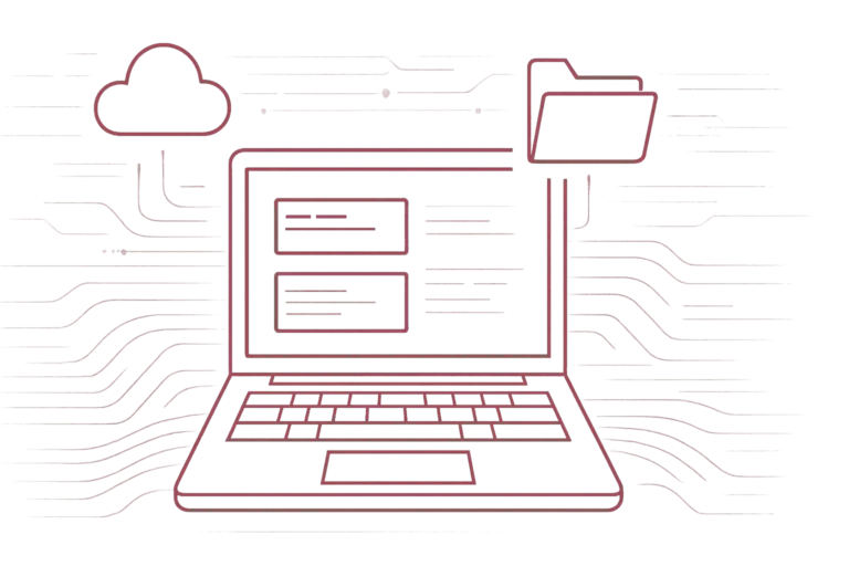 Laptop mit Dashboard-Interface verbunden mit Cloud-Speicher und strukturierten Ordner-Symbolen im Netzwerk