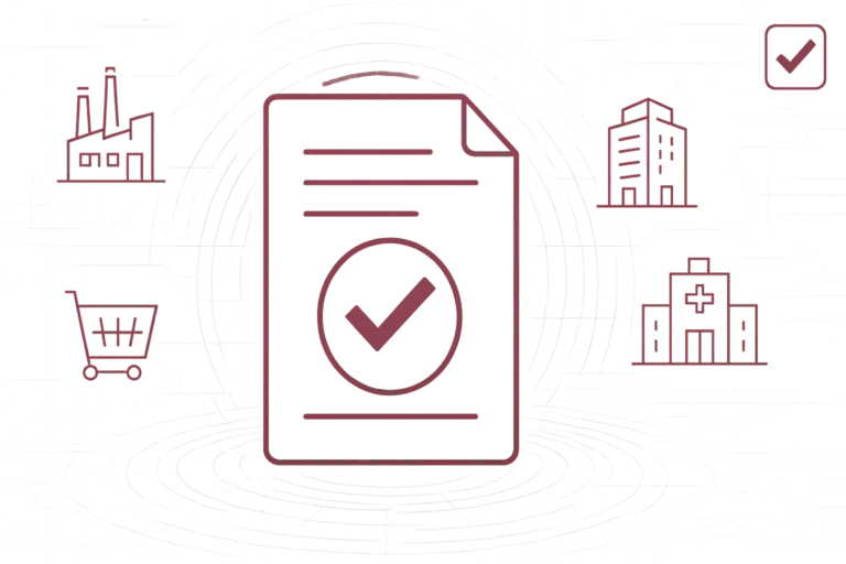 Compliance-Dokument mit Häkchen umgeben von Branchen-Icons für Industrie, Büro, Handel und Gesundheitswesen