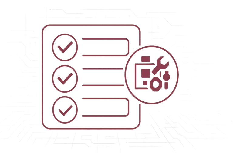 Checkliste mit drei abgehakten Punkten neben Kreis mit Werkzeugen, Zahnrad und Dokumenten-Symbol für konfigurierbare Compliance-Tools