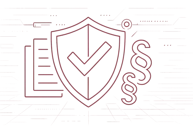 Schutzschild mit Häkchen umgeben von Compliance-Dokumenten, Paragraphen-Symbolen und E-Mail-Icon