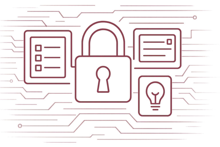 Zentrales Vorhängeschloss umgeben von Checkliste, Dokumenten und Glühbirne in Schaltkreis-Design für sichere Compliance-Lösungen
