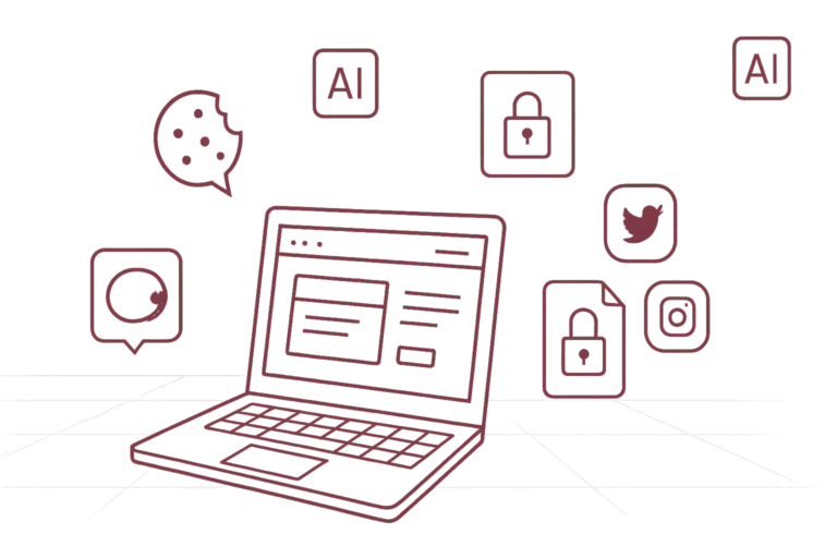 Laptop mit schwebenden Icons für Datenschutz, Social Media, KI, Cookies und Einstellungen