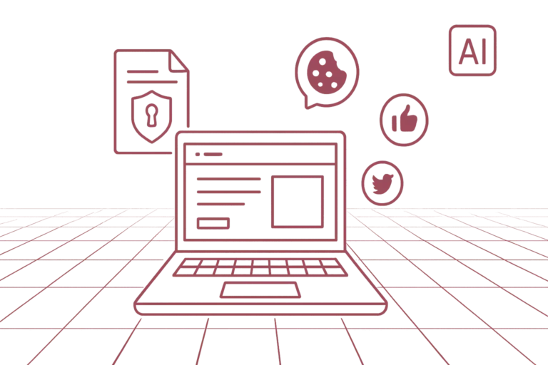 Laptop mit schwebenden Icons für Datenschutz, Social Media, KI, Cookies und Einstellungen