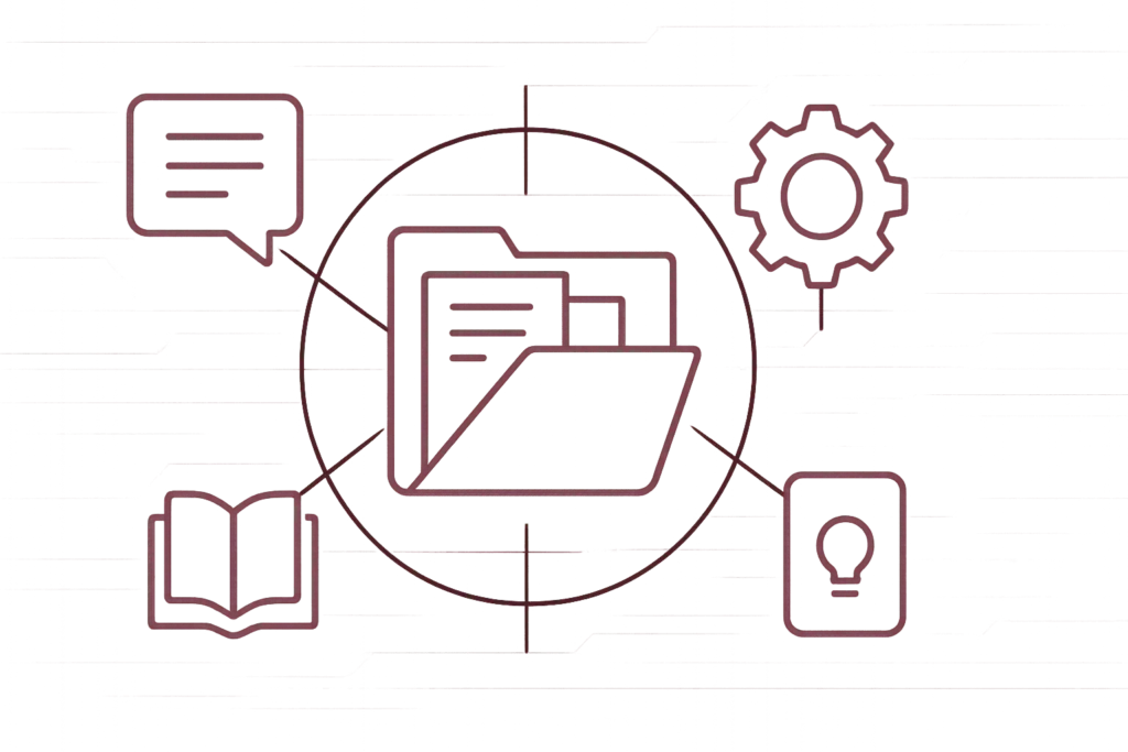 Zentraler Ordner mit Dokumenten umgeben von Sprechblase, Zahnrad, Buch und Glühbirne für ganzheitliches Dokumentenmanagement