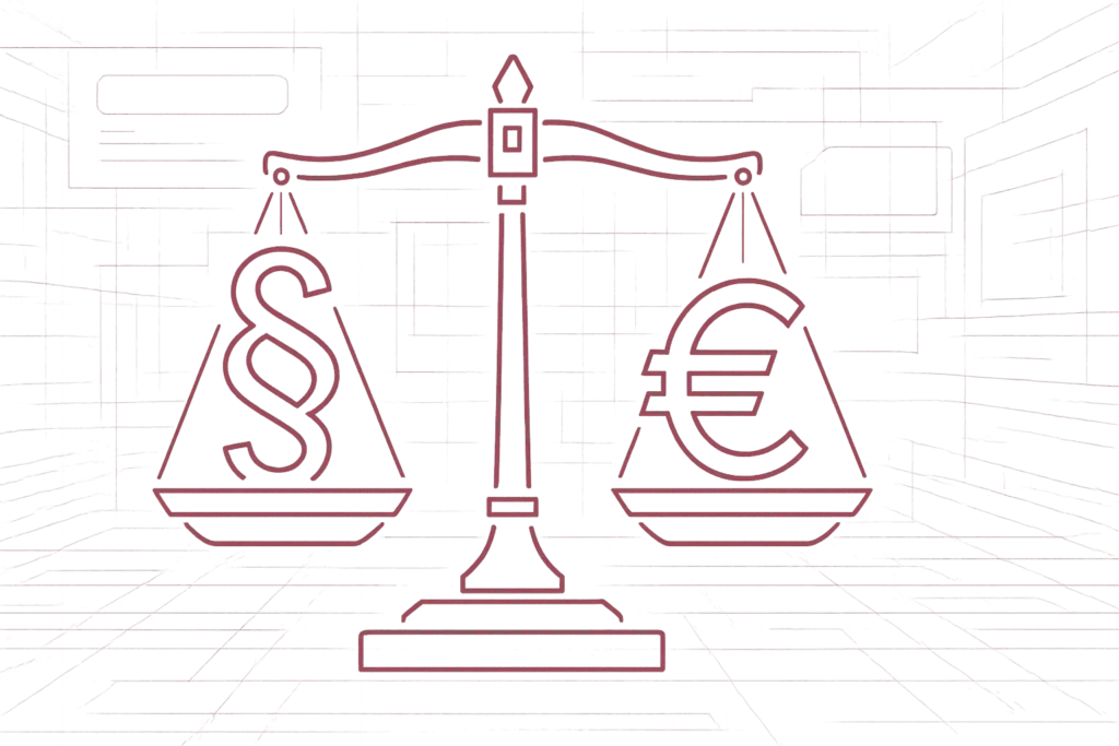 Justitia-Waage mit Paragraphen-Symbolen auf linker und Euro-Symbol auf rechter Waagschale für Abwägung von Rechtsverstößen und Bußgeldern