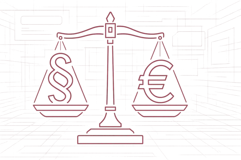 Justitia-Waage mit Paragraphen-Symbolen auf linker und Euro-Symbol auf rechter Waagschale für Abwägung von Rechtsverstößen und Bußgeldern