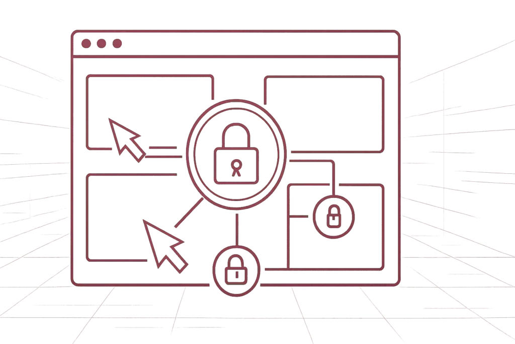 Browser-Interface mit zwei Cursor-Zeigern und mehreren Vorhängeschloss-Symbolen für rollenbasierte Zugriffskontrolle im DSMS