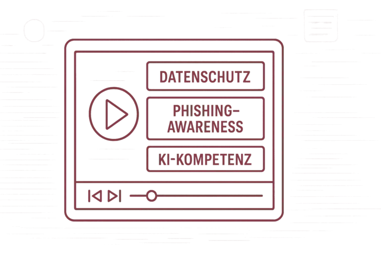 Video-Player-Interface mit drei Schulungsmodulen: Datenschutz, Phishing-Awareness und KI-Kompetenz sowie Wiedergabe-Steuerung