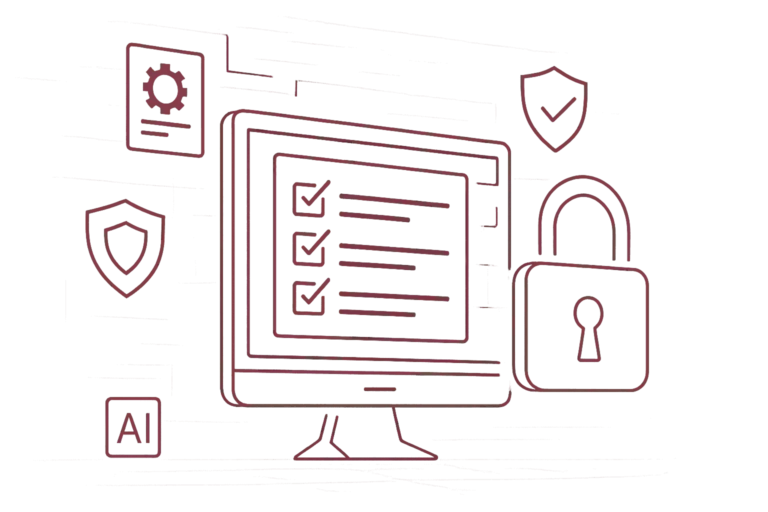 Monitor mit ISO-Zertifizierung, Checkliste, Sicherheitsschilden, AI-Symbol und großem Vorhängeschloss