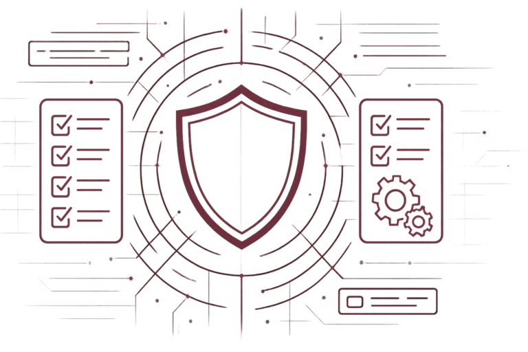 Zentrales Schutzschild in Kreissegmenten umgeben von Checklisten, Suchleiste, Zahnrädern und Eingabefeld für ISMS-Management