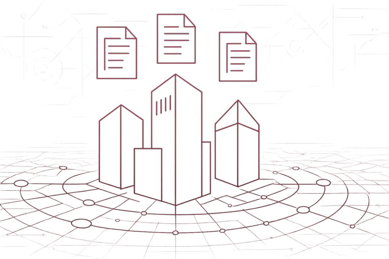 Drei moderne Gebäudesilhouetten mit schwebenden Dokumenten über vernetztem Rasterboden