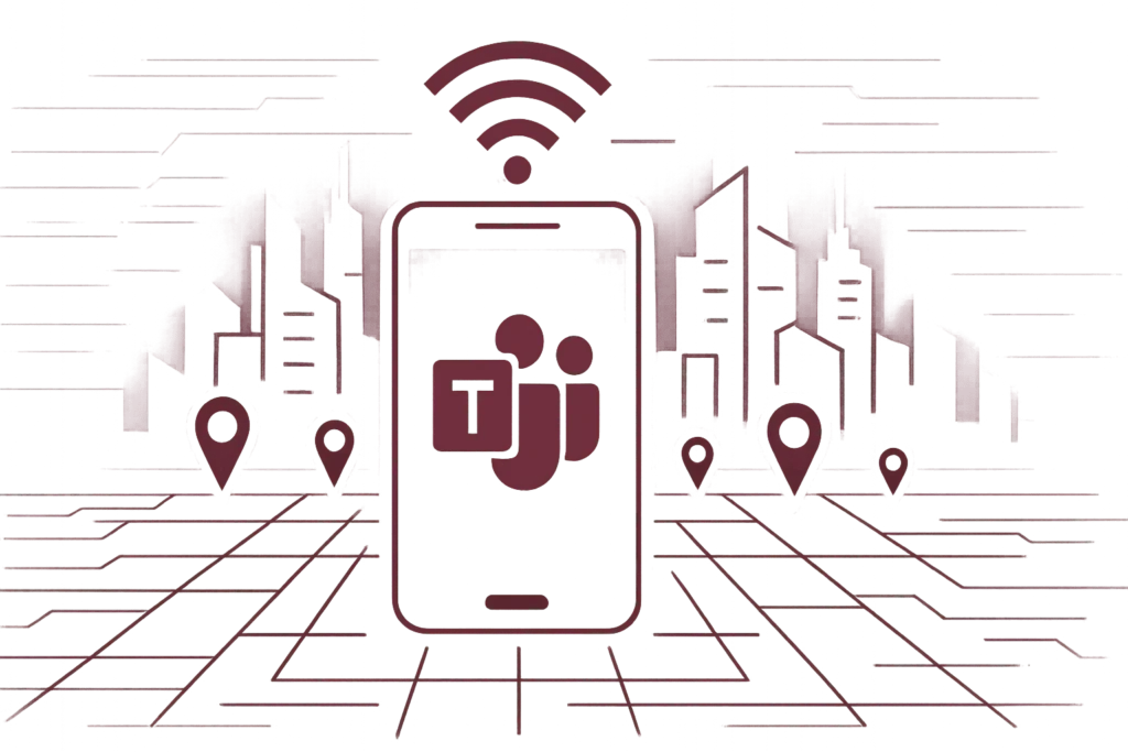 Smartphone mit Microsoft Teams-Logo und WiFi-Signal über Stadtsilhouette mit mehreren Standort-Pins für mobile Unternehmenskommunikation