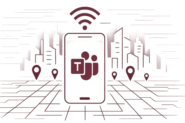 Smartphone mit Microsoft Teams-Logo und WiFi-Signal über Stadtsilhouette mit mehreren Standort-Pins für mobile Unternehmenskommunikation