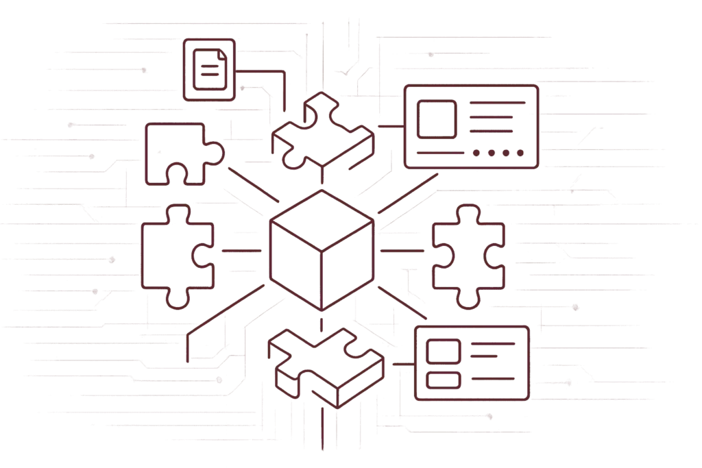 Zentraler Würfel verbunden mit Puzzle-Teilen, Dokumenten, Identifikationskarte und Checkliste für modulare System-Integration