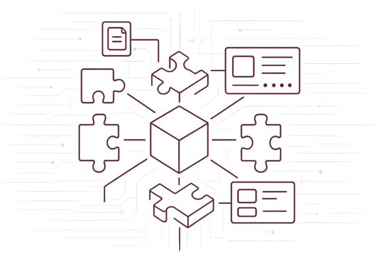 Zentraler Würfel verbunden mit Puzzle-Teilen, Dokumenten, Identifikationskarte und Checkliste für modulare System-Integration