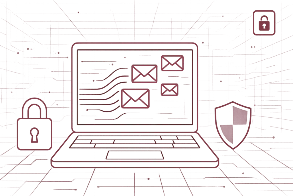 Laptop mit mehreren E-Mail-Symbolen flankiert von Vorhängeschlössern und Schutzschild für Risiken privater E-Mail-Nutzung im Geschäftskontext