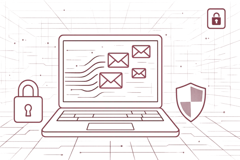 Laptop mit mehreren E-Mail-Symbolen flankiert von Vorhängeschlössern und Schutzschild für Risiken privater E-Mail-Nutzung im Geschäftskontext