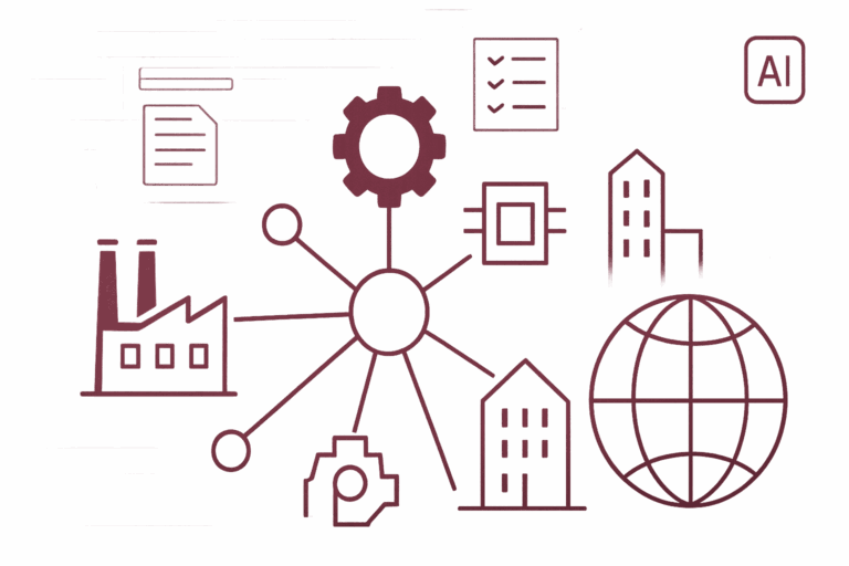 Netzwerk-Diagramm mit zentralem Knotenpunkt verbindet Industrie, Dokumente, Prozesse, Checklisten, AI, Gebäude und Globus